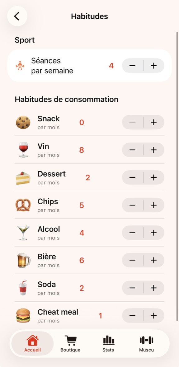 Habitudes Liftward avec séances par semaine et habitudes de consommation